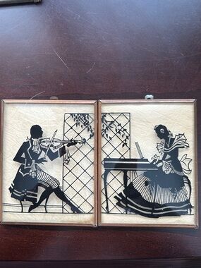 Vintage Silhouette Bubble Glass Musician Wall Art - Black on Cream Pair